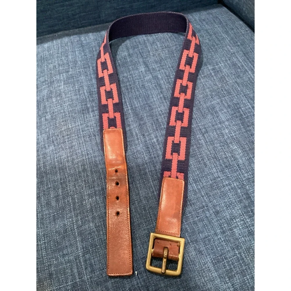 Coach Belt Womens Size 38 Wool Canvas  Leather Brass Buckle Blue Red EUC
